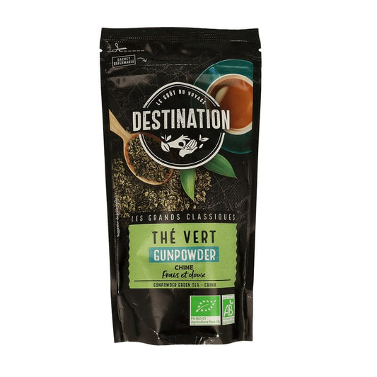 Bio grünes Tee-Schießpulver von DESTINATION in 100g Packung, feine Teeblätter für aromatischen Genuss