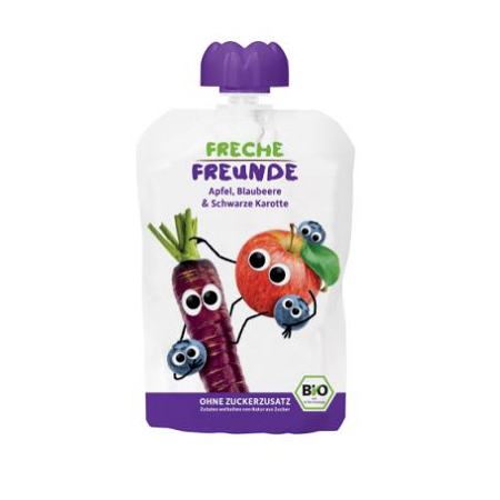 Saftmousse für Kinder mit Apfel, Heidelbeere und schwarzer Karotte, 100g, bio-zertifiziert, ERDBAR - FRECHE FREUNDE