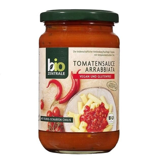 Glutenfreie Arrabbiata Tomatensauce von BIO-ZENTRALE in 350g Bio-Öko-Verpackung, scharfe italienische Tomatensauce.