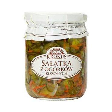 Eingelegter Gurkensalat in 480g Glas von KROKUS, frischer Gurkensalat mit Gewürzen, servierfertig und knusprig.