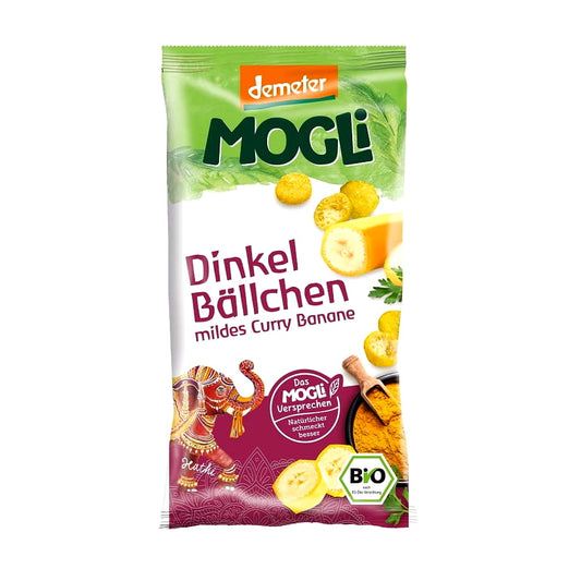 Dinkel-Chips mit Bananen und Curry von MOGLI, bio und demeter, knusprige Snackpackung, 40 g.