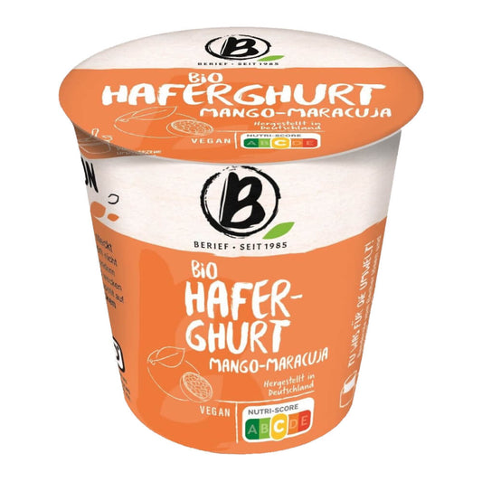 Bio Haferprodukt Mango-Maracuja von BERIEF in 150 g, zeigt die Verpackung mit fruchtigen Haferflocken und bunten Früchten.