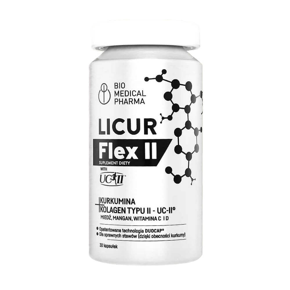 Licur Flex Kurkuma Kollagen Typ II UC - II Kupfer Mangan Vitamin C und D 30 Kapseln BIO MEDICAL PHARMA