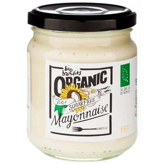 Bio Eiermayonnaise ohne Zuckerzusatz in 240 ml Flasche von BIO BANDITS, cremige Konsistenz, ideale Beilage für Sandwiches.