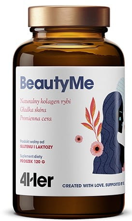 Gesundheitssupplement 4her beautyme 120g von HEALTHLABS, natürliche Inhaltsstoffe, Dose mit Produkt im Glas.