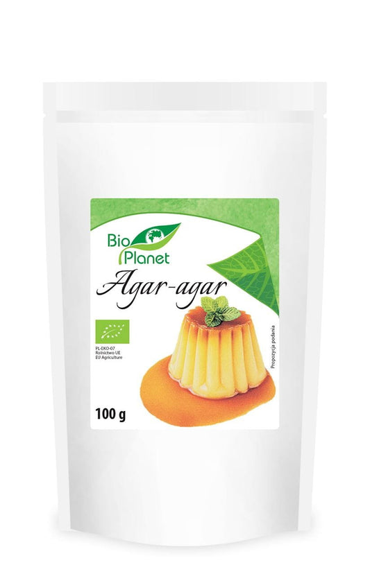 Bio-Agar 100 g von BIO PLANET, getrockneter pflanzlicher Gelierstoff in Verpackung, vielseitig für vegane und vegetarische Rezepte.