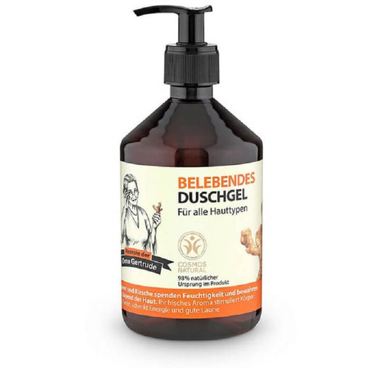 Erfrischendes Duschgel von OMA GERTRUDE in 500 ml Flasche mit grüner Verpackung und blumigem Duft.