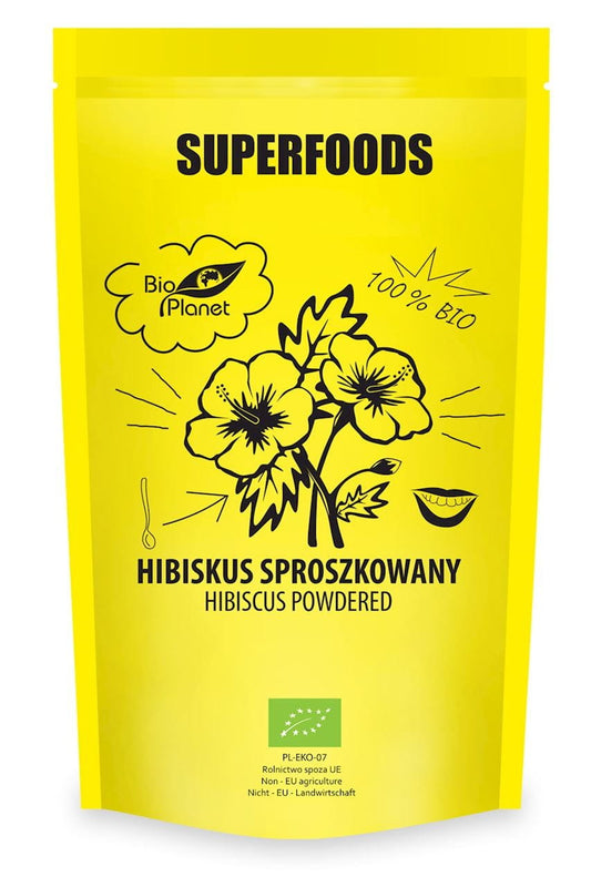 Hibiskuspulver BIO von BIO PLANET in 150 g Verpackung, feines rotes Hibiskus-Pulver auf weißem Hintergrund