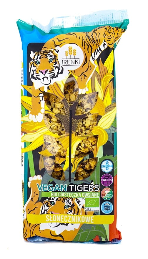 Glutenfreie vegane Haferplätzchen mit Sonnenblumenkernen von IRENKI, BIO, in 120 g Packung, auf einem weißen Teller.