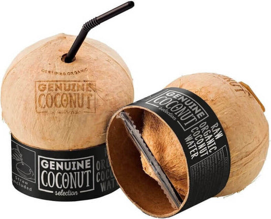 Echte BIO-Kokosnuss mit Schloss und Stroh, ca. 0,50 kg, von GENUINE COCONUT, zeigt die offene Kokosnuss mit Fruchtfleisch.