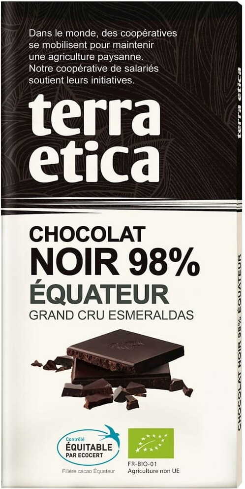 Dunkle Schokolade 98% Ecuador, fair gehandelt, BIO, TERRA ETICA, 100 g, sichtbare Schokoladentafel mit dunkler Oberfläche