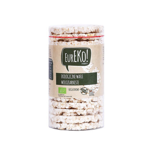 Glutenfreie Mehrkornwaffeln von EUREKO, bio, ohne Salz, 100 g, knusprige Waffeln auf einem weißen Teller.