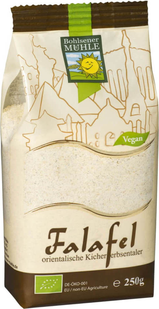 Bio Falafel-Mischung von Bohlsener Mühle, 250 g, für die Zubereitung eines vegetarischen Gerichts, in einer Packung.