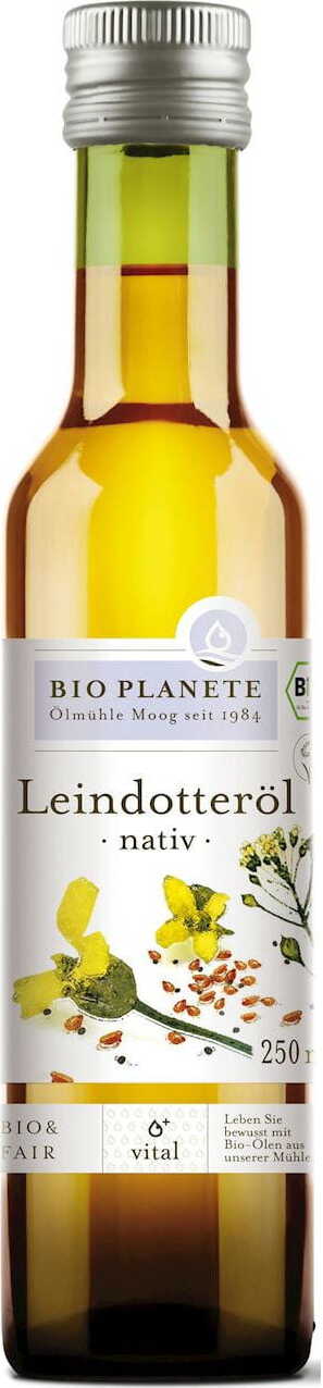Natives Bio-Leinöl (Rydzowy) in 250ml Flasche, braune Farbe, aus biologischem Anbau, von BIO PLANETE.