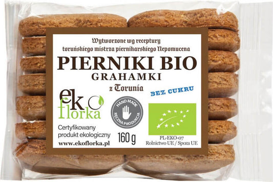 Bio Graham Lebkuchen von EKOFLORKA, 160 g, mit Lebkuchengewürz und Bio-Zutaten, auf einem weißen Hintergrund.