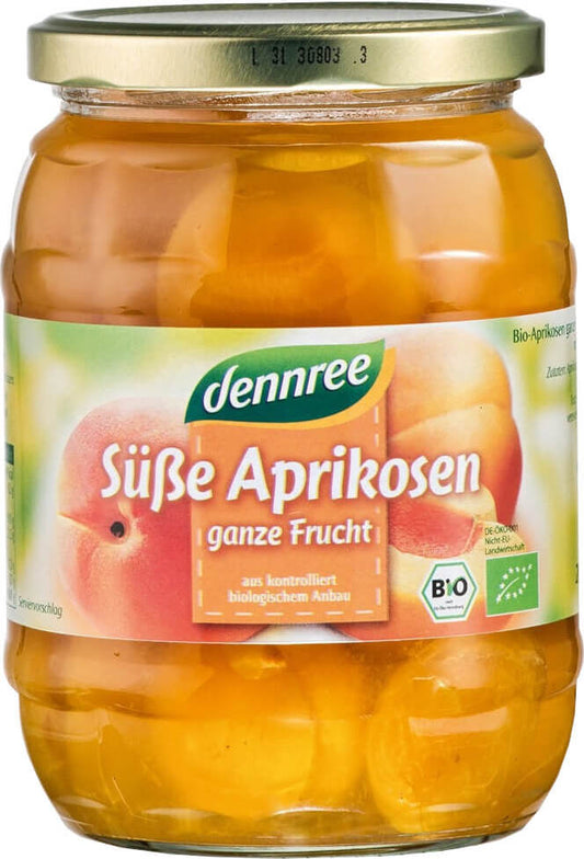Halbe, kernlose Aprikosen in bio Apfelsaftkonzentrat, Verpackung 680g, von DENNREE.