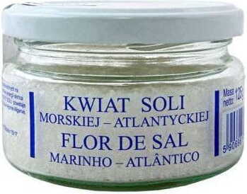 Verpackung von Atlantische Meersalzblume, 125 g, von VIANDS, zeigt die Salzblume in einer transparenten Schachtel.