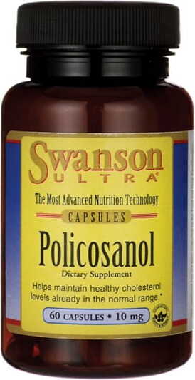 Swanson Biocosanol Policosanol 10mg Kapseln, 60 Stück, Nahaufnahme der Verpackung und Kapseln.