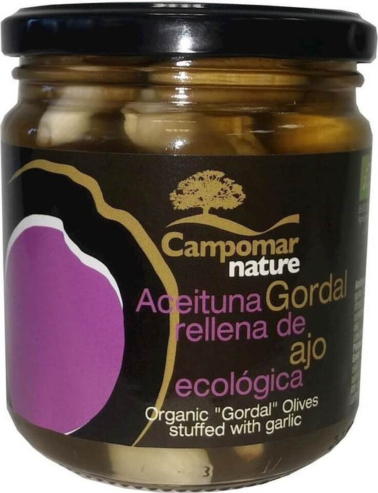 Grüne BIO-Gordal Oliven mit Knoblauch in einer Schale, von CAMPOMAR NATURE, 350 g, frisch und aromatisch.