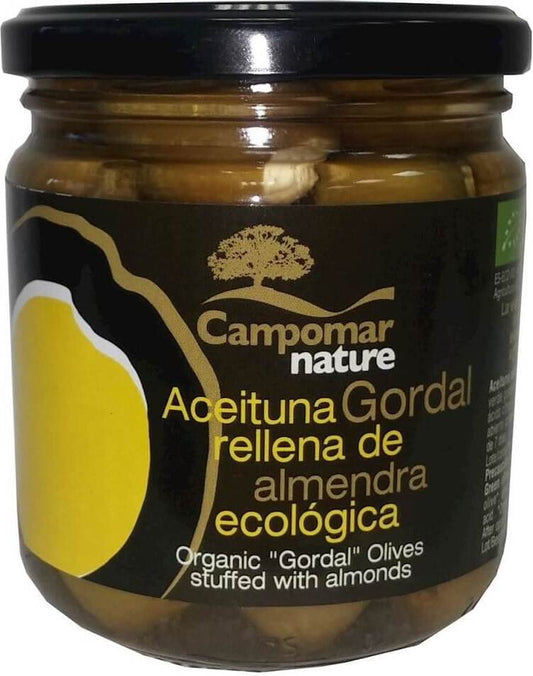 Grüne BIO-Gordal Oliven mit Mandeln von CAMPOMAR NATURE, 350 g, in einer transparenten Schale.