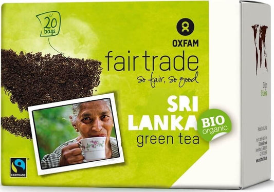Grüner Bio-Express-Tee von OXFAM, fair gehandelt, 20 Beutel à 18 g, frisch und aromatisch in einer Verpackung.