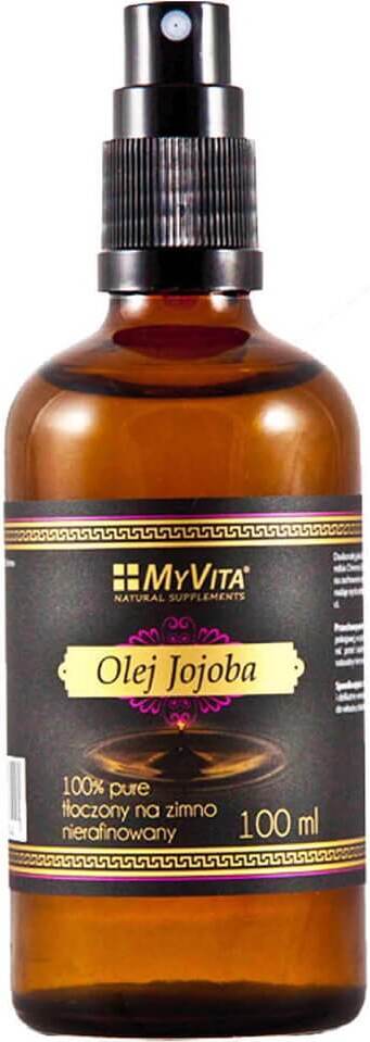 Kaltgepresstes BIO Jojobaöl von MYVITA in 100ml Flasche, Nahaufnahme des Öls in dunkler Flasche vor hellem Hintergrund