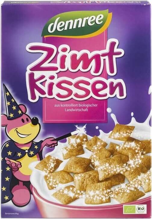 Bio Zimtkissen Frühstücksflocken von DENNREE in 300 g Packung, knusprige Getreideflocken mit Zimtgeschmack, close-up Ansicht