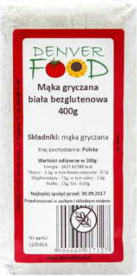 Glutenfreies weißes Buchweizenmehl von DENVER FOOD in 400 g Packung, feine Textur auf weißem Hintergrund.