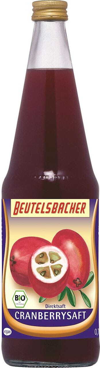 Bio-Cranberrysaft von Beutelsbacher in 700 ml Flasche, frischer roter Cranberrysaft in Glasflasche sichtbar