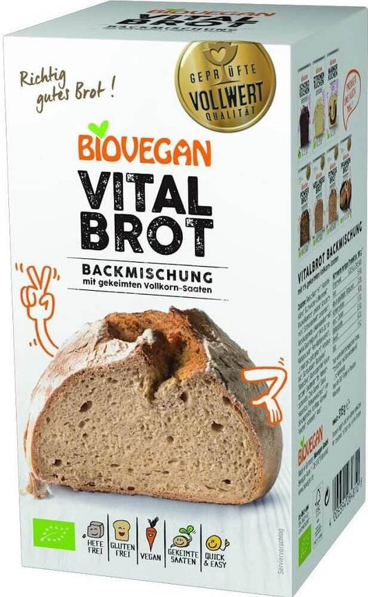 Bio vegane Vital Brotbackmischung in 315 g Packung, zeigt das Verpackungsdesign mit Zutaten und Produktname