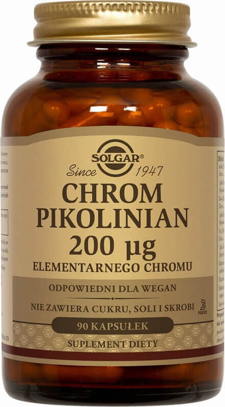 Chrompicolinat 200 µg in 90 Kapseln von SOLGAR, chemische Verbindung mit elementarem Chrom, für Nahrungsergänzung.