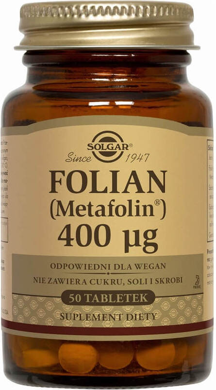 Folat Methylfolat 400 µg in 50 Tabletten von SOLGAR, helle Packung mit Tabletten, glutenfrei und vegan.