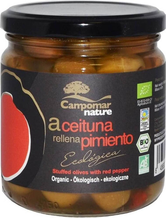 Grüne Bio-Oliven gefüllt mit Paprikapaste von CAMPOMAR NATURE, 350 g, in einer Glasschale.