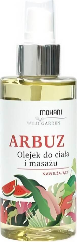 Feuchtigkeitsspendendes Körper- und Massageöl mit Wassermelonen-Duft von MOHANI, 150 ml, zeigt die Flasche mit Melonen-Design.