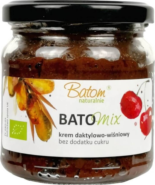 Bio Dattel- und Kirschcreme von BATOM in 200 g, cremige Fruchtaufstrich mit Datteln und Kirschen, sichtbare Creme und Früchte.