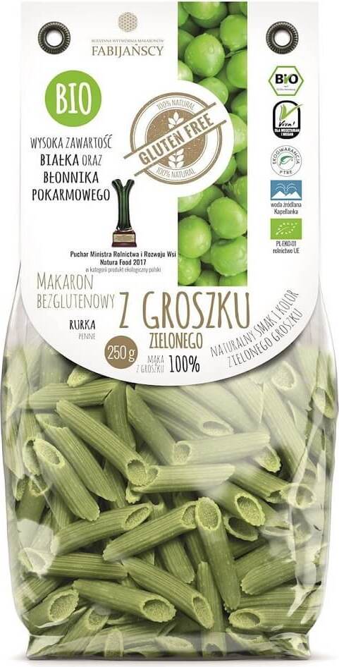 Grüne Erbsennudeln aus BIO, glutenfrei, Penne-Tube, FABIJAŃSCY, 250 g, frische und gesunde Pasta in einer Schüssel