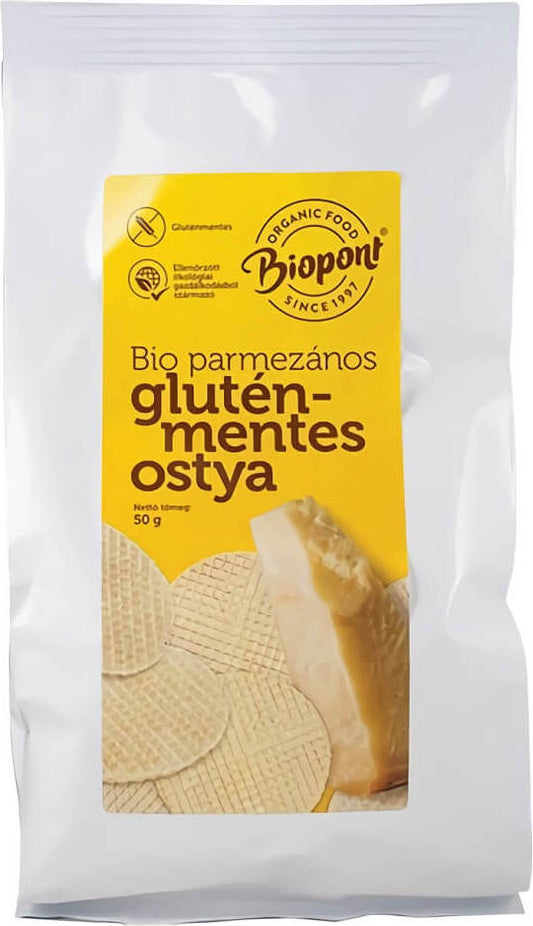 Glutenfreie Parmesan-Waffeln BIO von BIOPONT, 50 g, knusprige Snacks mit Parmesan in einer Verpackung.