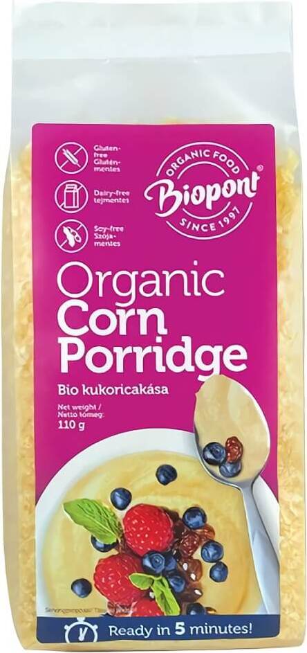 Bio-Maisgrieß glutenfrei, 110 g von BIOPONT, zeigt eine Packung mit Maisgrieß in Bio-Qualität.