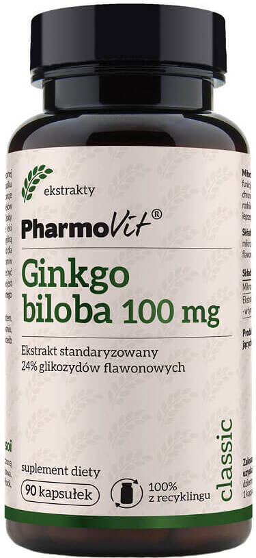 Japanischer Ginkgo Biloba standardisierter Extrakt 24 % Flavonglykoside 100 mg 90 Kapseln PHARMOVIT Hover Image