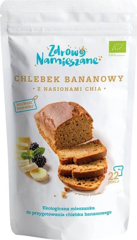 Bio Bananenbrot mit Chiasamen von ZDROWO NAMIESZANE, 400 g, frisch und gesund, auf einem Teller mit Bananen und Chiasamen.