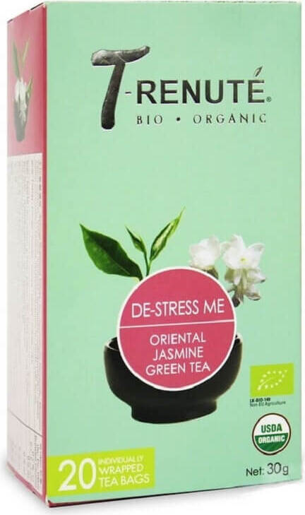Grüner Jasmin-Tee von T'RENUTE, Stress me BIO, 30 g, mit 20 Teebeuteln, frisch und aromatisch in Verpackung.