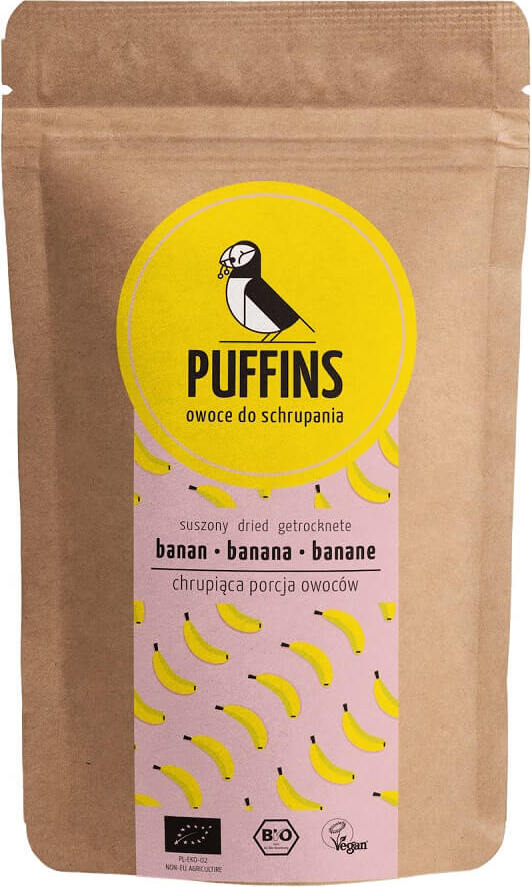 Getrocknete Bio-Banane von PUFFINS, 40 g, Frucht-Snack mit getrockneten Bananenstücken für Natur-Genuss.
