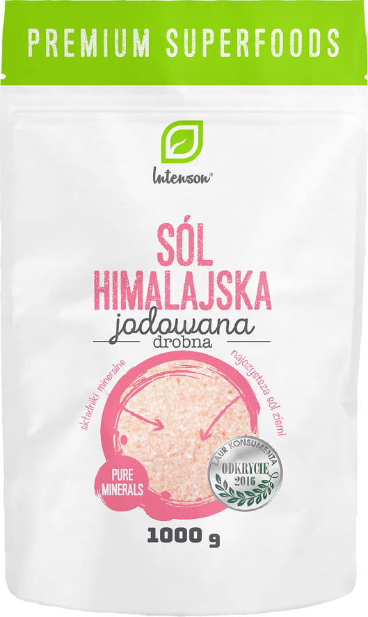 Feines Himalaya rosa Jodsalz von INTENSON EUROPE, 1000g Packung mit rosa Kristallen und natürlicher Textur.