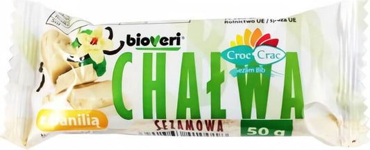 Bio Sesamhalva mit Vanille von BIOVERI, 50 g, zeigt das cremige Sesam-Vanille-Halva in einer Verpackung.
