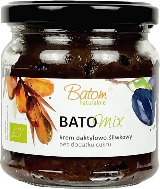Bio Dattel- und Pflaumencreme von BATOM, 200 g, cremige Fruchtpaste in Glas, ideal für Brot und Desserts.
