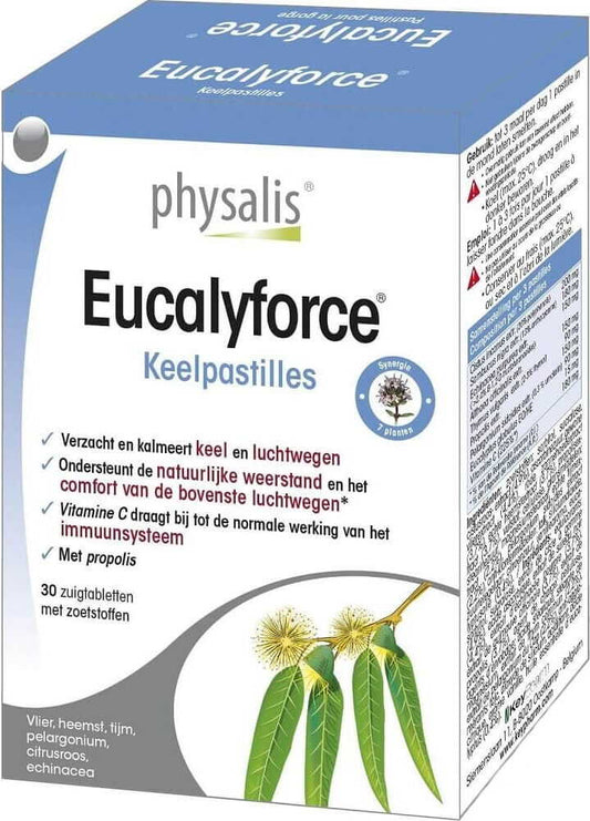 Eucalyforce Halspastillen mit Eukalyptus, 30 Lutschtabletten, PHYSALIS, Verpackung mit Eukalyptusblättern und Pastillen