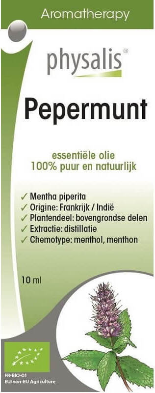 Ätherisches Pfefferminzöl BIO von PHYSALIS, 10 ml Flasche, frisches grünes Pfefferminzblatt auf Etikett, natürliches Aroma und Qualität