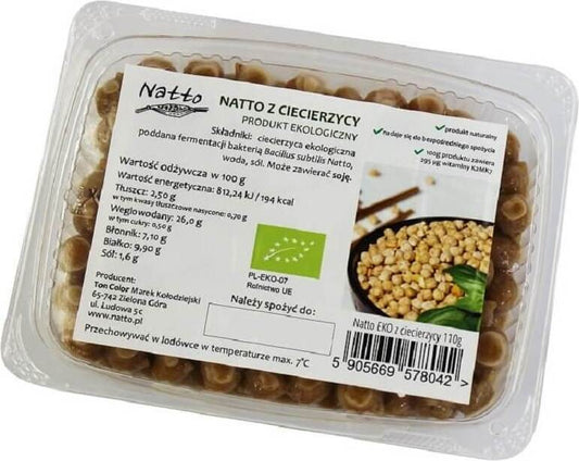 Fermentierte Bio-Kichererbsen von NATTO in 110 g Packung, nährstoffreich und cremig, als gesunder Snack oder Zutat.