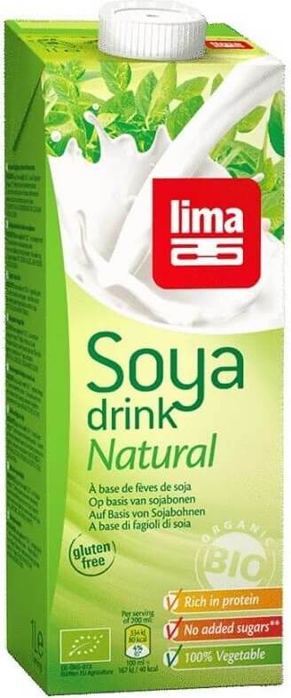 Glutenfreies Bio-Sojagetränk von LIMA in 1000 ml Flasche, cremige Textur und pflanzlicher Geschmack, sichtbar im Glas