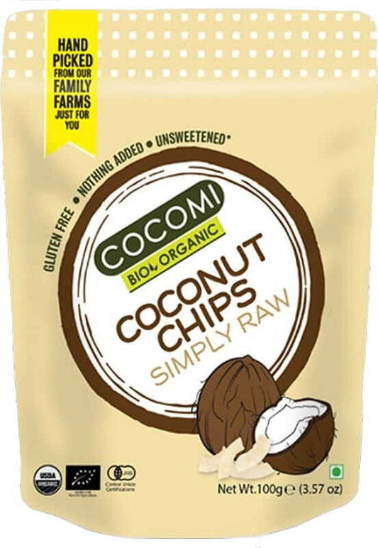 Knusprige, glutenfreie Bio-Kokoschips von COCOMI in 100 g Verpackung, goldbraun gebacken und getrocknet.
